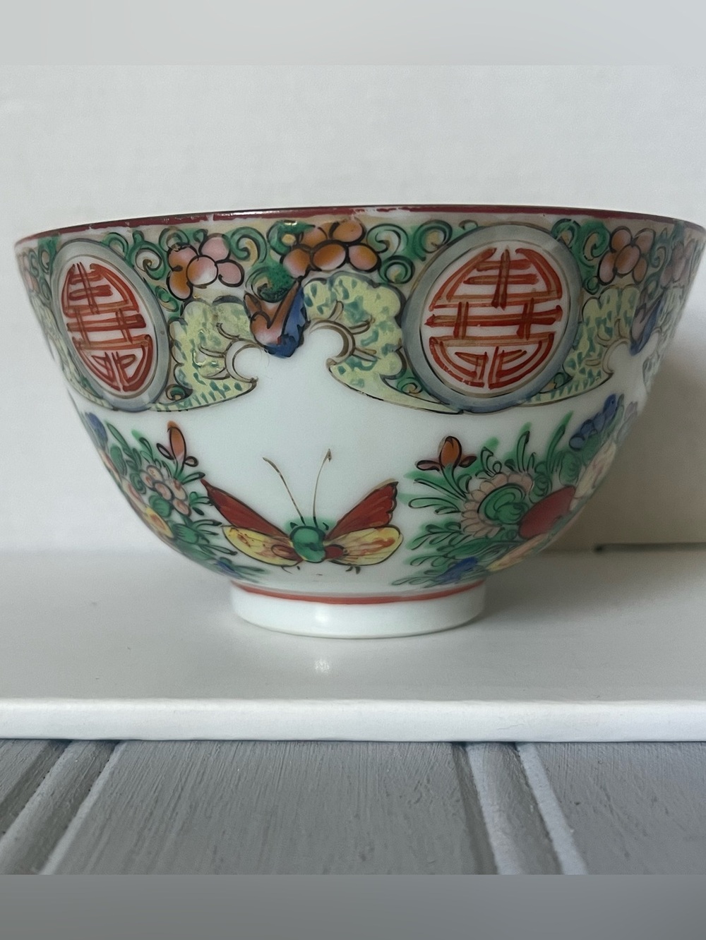 Vintage Rose Medallion Porcelain Hand Painted Famille Rose Floral Butterfly